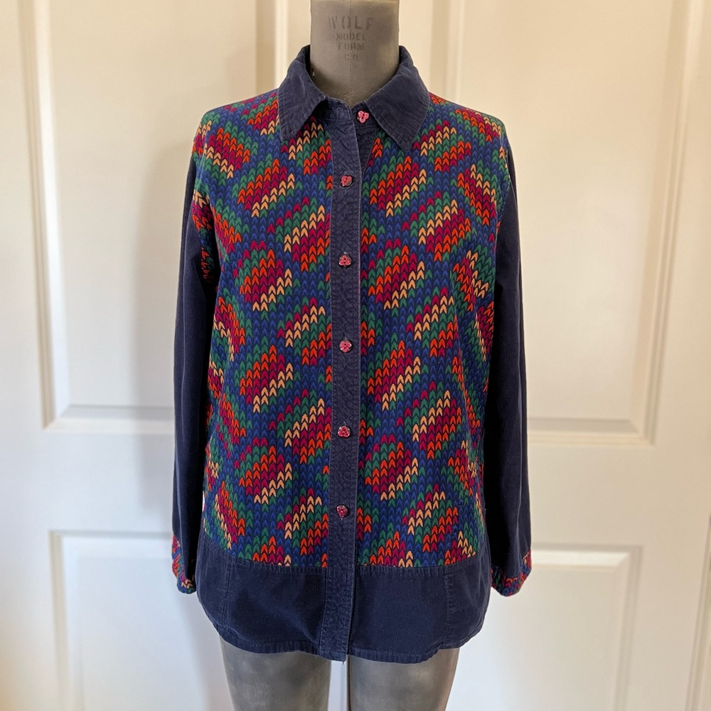 Vintage Cotton Printed Button-Up Shirt Corduroy Trim Overshirt